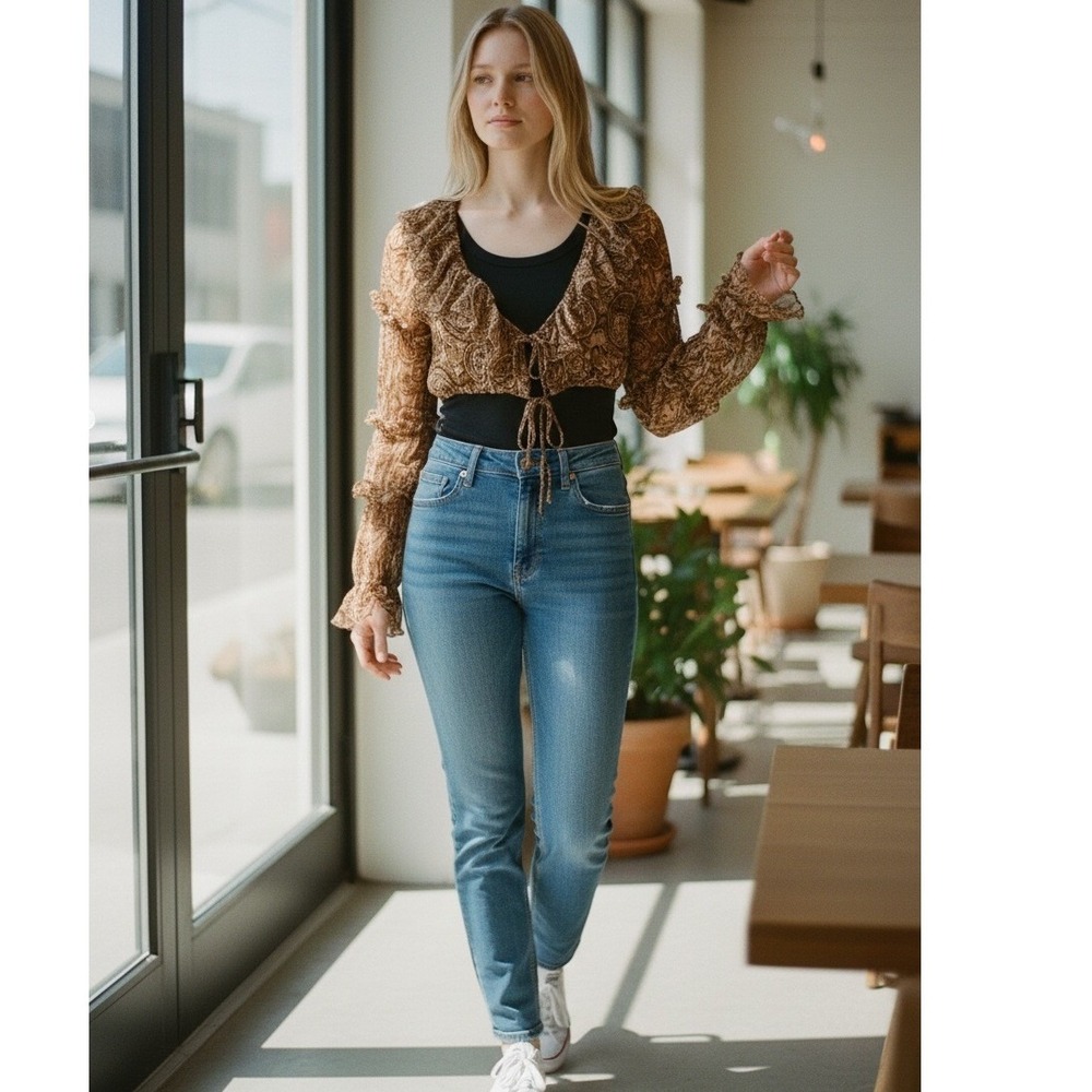 Camila Coelho Ellis Top XXS Brown Paisley NWT Ruffle Bell Sleeve Crop Blouse